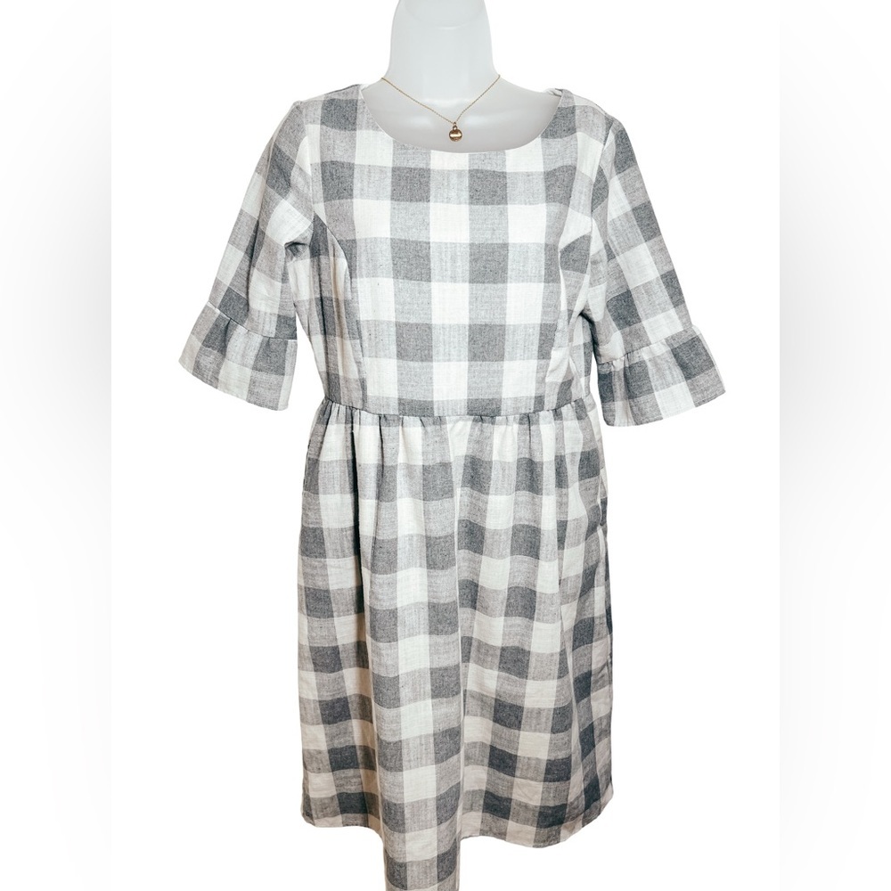 Sweet Salt: Gray and White modest Plaid Dress with Elegant ruffle flare sleeves